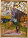 Mauro Teran pintura Sr Pulque oleo tela mujer desnuda luchador picnic surrealista arte mexicano