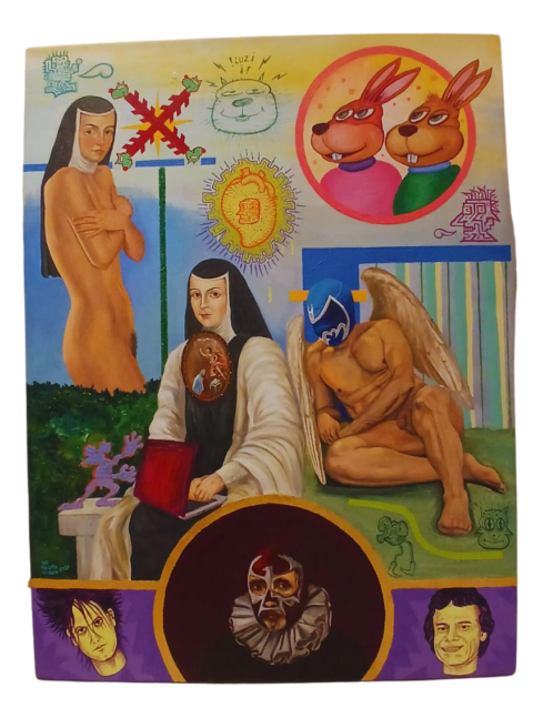 Mauro Teran pintura La Piel de Juana Ines oleo tela Sor Juana laptop angel luchador mascara azul