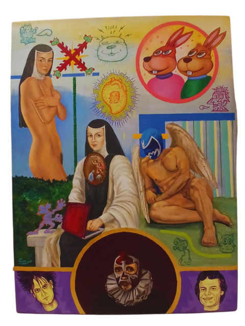 Mauro Teran pintura La Piel de Juana Ines oleo tela Sor Juana laptop angel luchador mascara azul