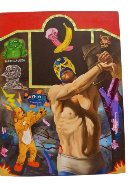 Mauro Teran pintura El Platano oleo tela luchador mexicano Andy Warhol banana pop art