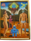 Mauro Teran pintura Amor Robot oleo tela pareja luchador mujer desnuda esqueleto rosa robot azul