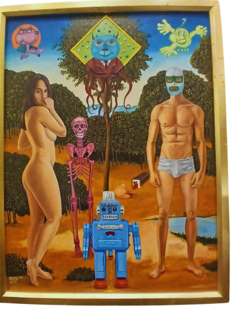Mauro Teran pintura Amor Robot oleo tela pareja luchador mujer desnuda esqueleto rosa robot azul