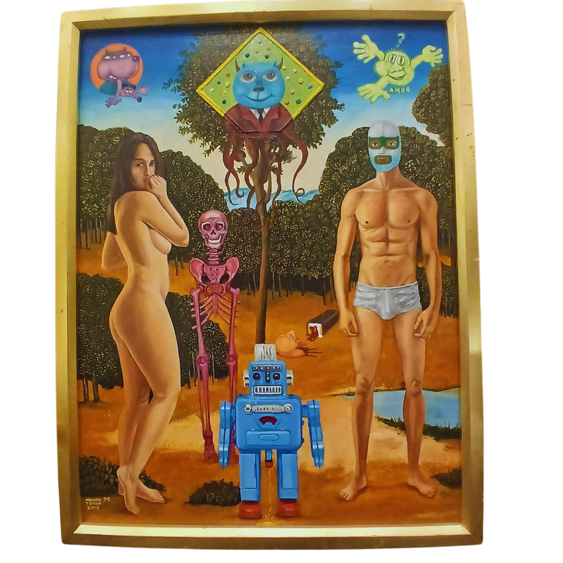 Mauro Teran pintura Amor Robot oleo tela pareja luchador mujer desnuda esqueleto rosa robot azul