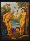 Mauro Teran pintura La Inocencia oleo tela Adan luchador Eva jardin del eden surrealismo pop mexicano
